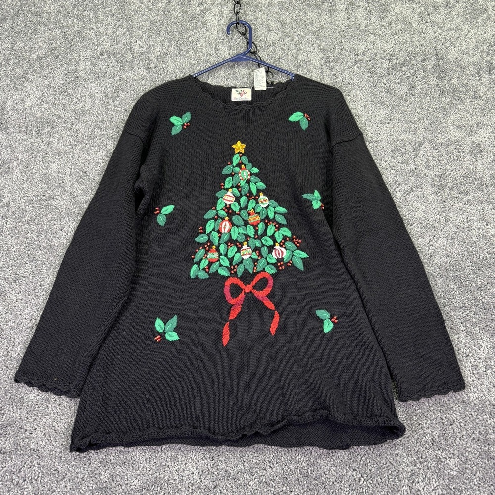 Nutcracker Sweater Womens Medium Black Ugly Christmas Tree Beaded Knit Holiday